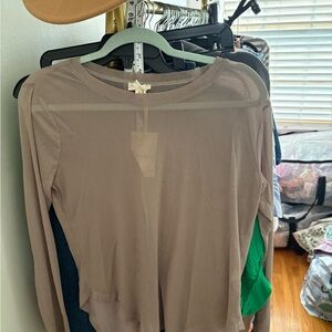 Hen & Thread NWT Lightweight Long-Sleeve Sheer Top in Taupe muted shimmer